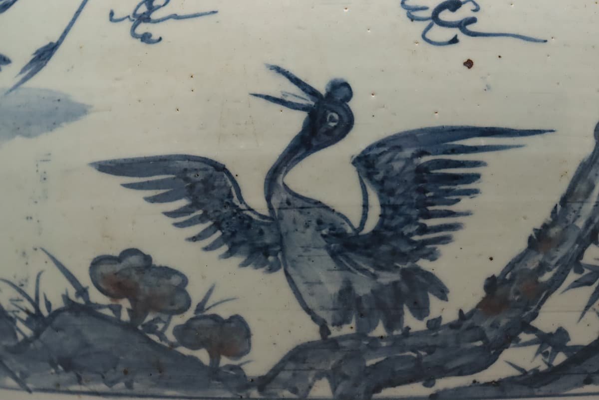 ZL739 朝鮮古美術 李朝 白磁 染付辰砂 松竹霊芝 鶴亀鹿文壺 高29.5cm