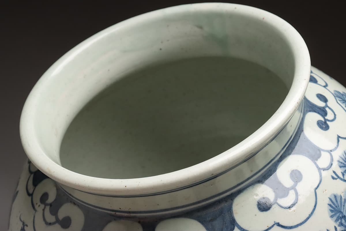 ZL739 朝鮮古美術 李朝 白磁 染付辰砂 松竹霊芝 鶴亀鹿文壺 高29.5cm