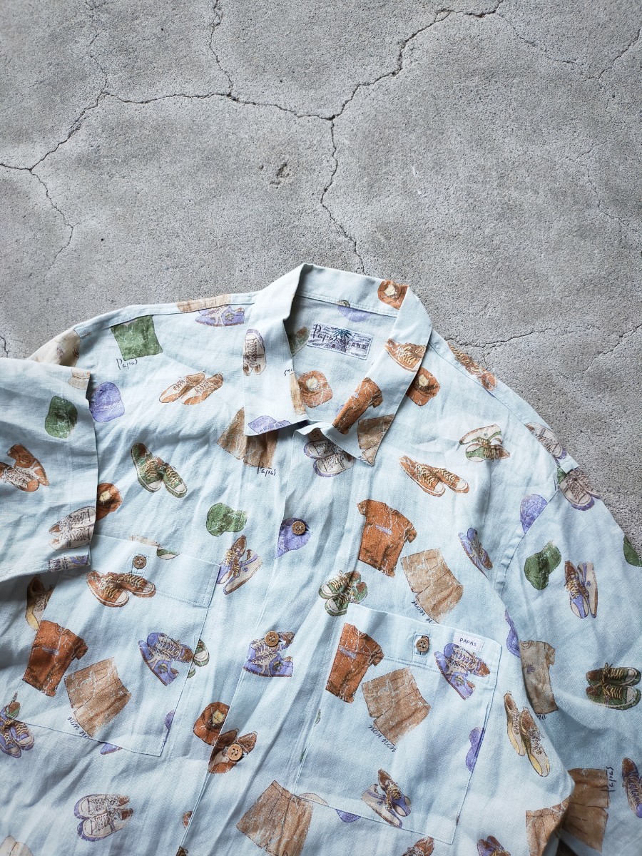 スニーカー柄【クリーニング済み】PAPAS ISLAND 麻100% リネンシャツ 48(M) 半袖 パパス アロハシャツ 日本製 ショーツ 靴 帽子 バッグロゴ