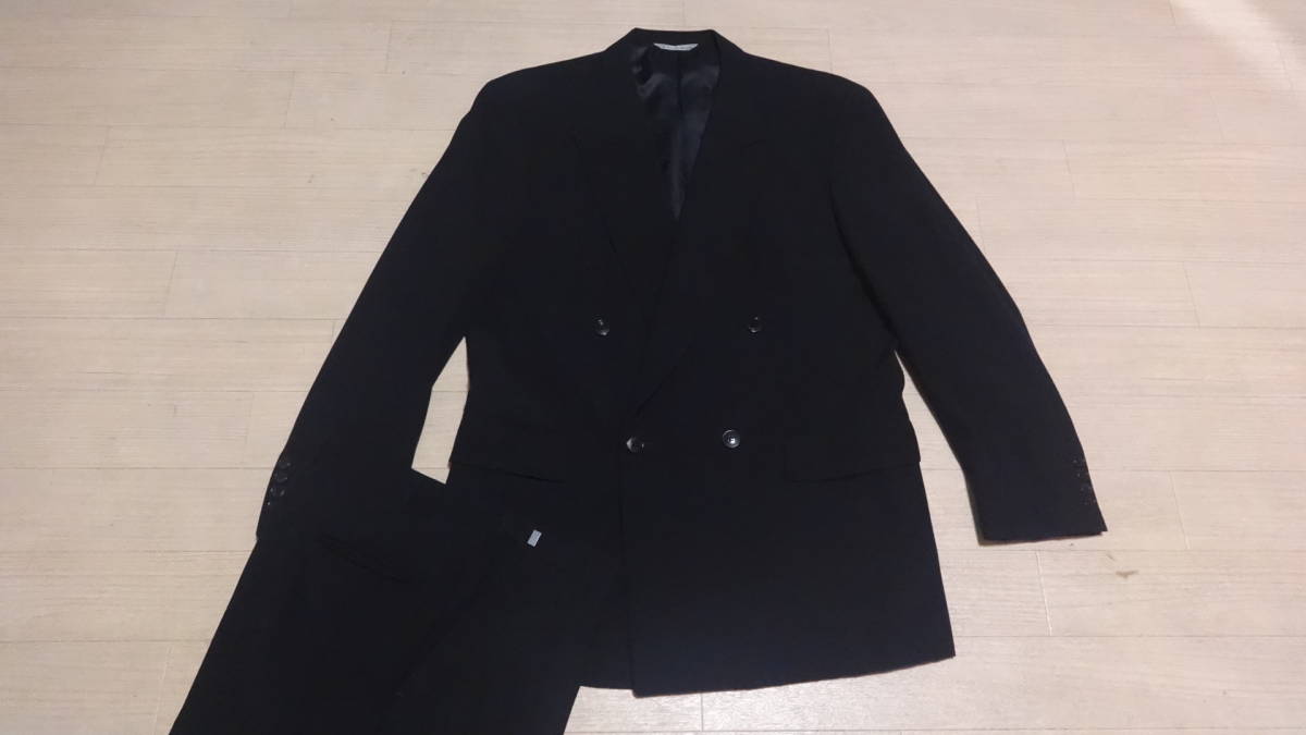 美品175cmW76－90cm★アジャ付★日本製DonatoVinti☆ドナートヴィンチ★上質フォーマルダブルスーツ漆黒/ブラック冠婚葬祭礼喪服結婚葬式儀