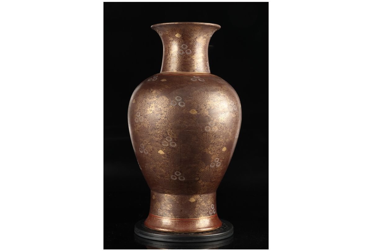 薩摩焼 連山作 色絵金襴手扇面花鳥風景図文大花瓶 薩摩焼 連山作