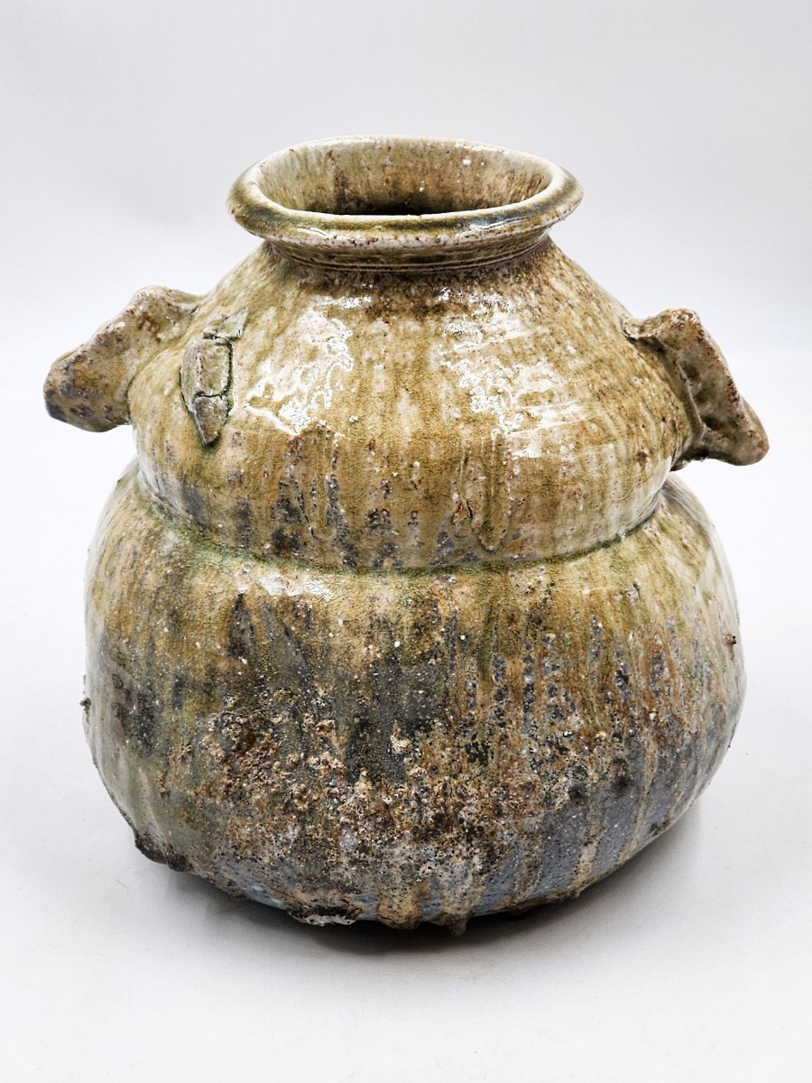 茶道具 伊賀 風来窯 瀧本湖久 伊賀焼 双耳 蹲 花入 高さ約22cm 桐共