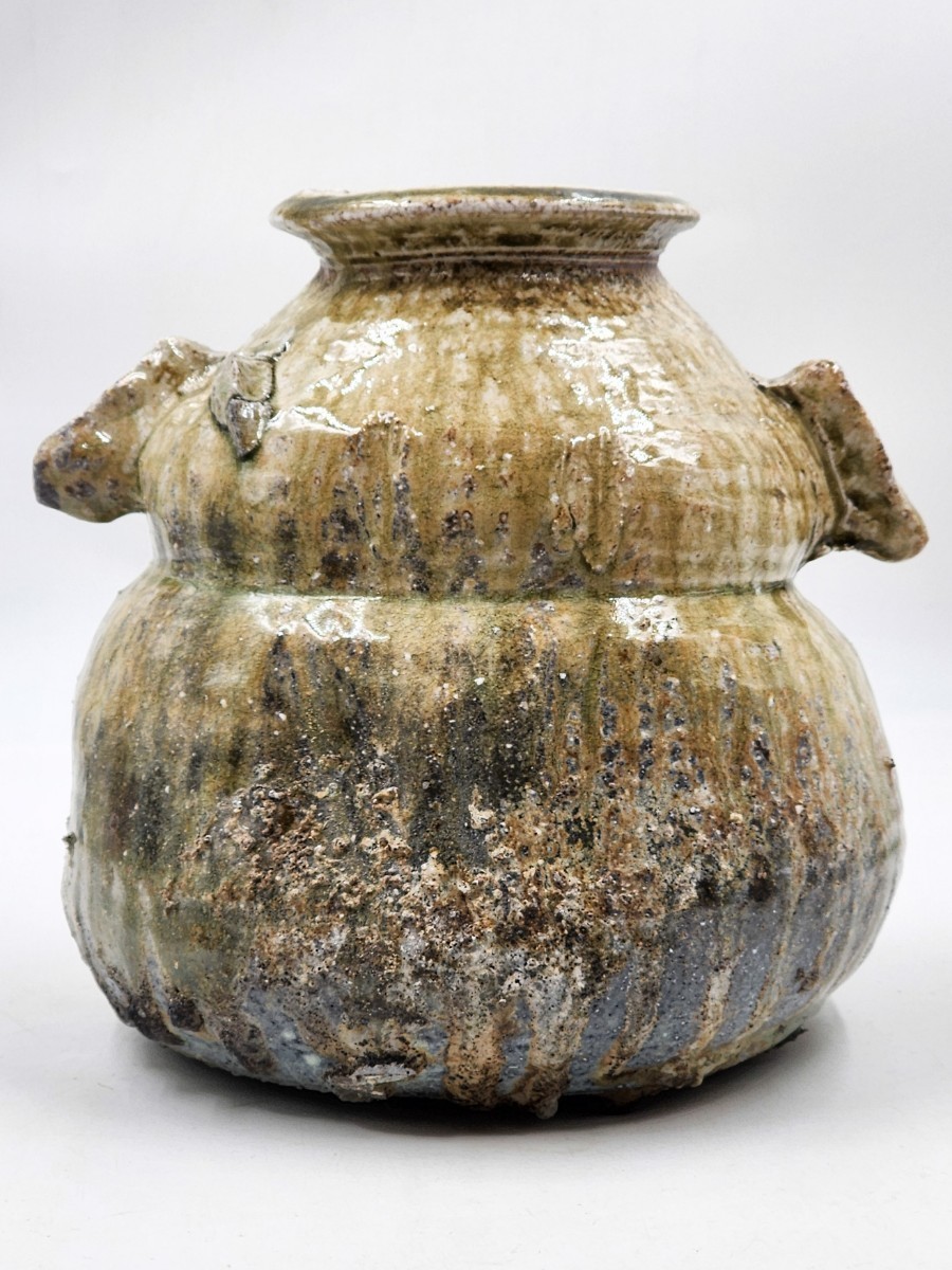 茶道具 伊賀 風来窯 瀧本湖久 伊賀焼 双耳 蹲 花入 高さ約22cm 桐共