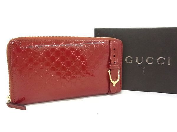 1円 ■美品■ GUCCI グッチ 309753 GG柄 マイクログッチシマ パテントレザー ラウンドファスナー 長財布 ウォレット レッド系 AP2221