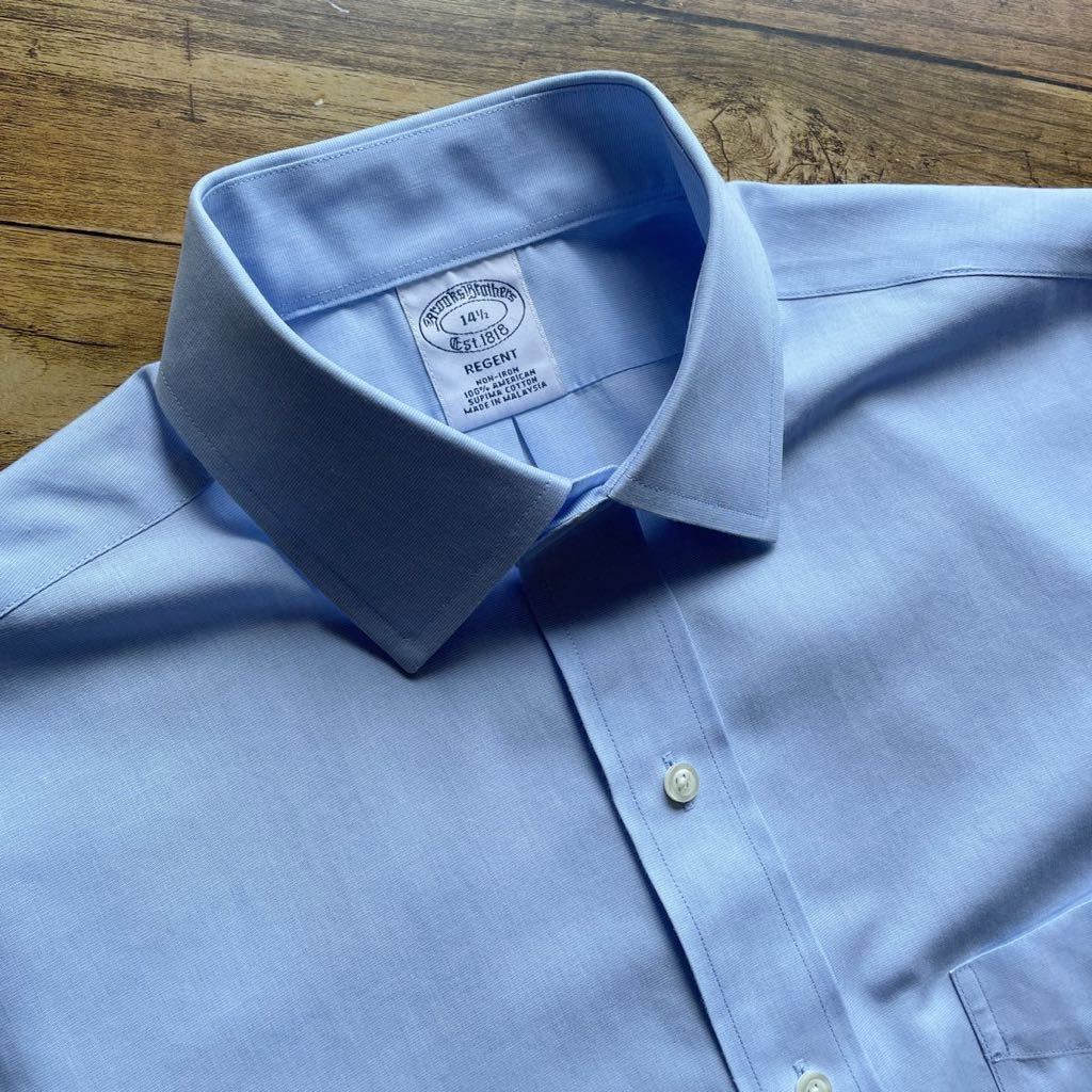 ［美品 半袖 14.5サイズ］Brooks Brothers ブルックスブラザーズ Regent Fit 半袖 セミワイドカラーシャツ ブルー コットン100% 
