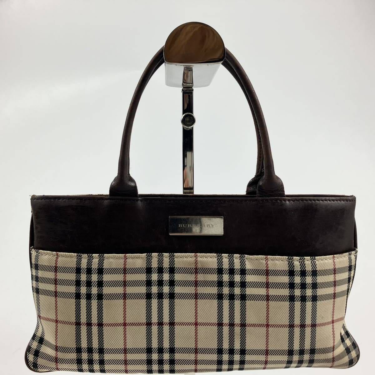 1円【最高級】 BURBERRY バーバリー ノバチェック ミニトート ハンドバッグ キャンバス レザー ブラウン ベージュ SV金具 ロゴ　レディース