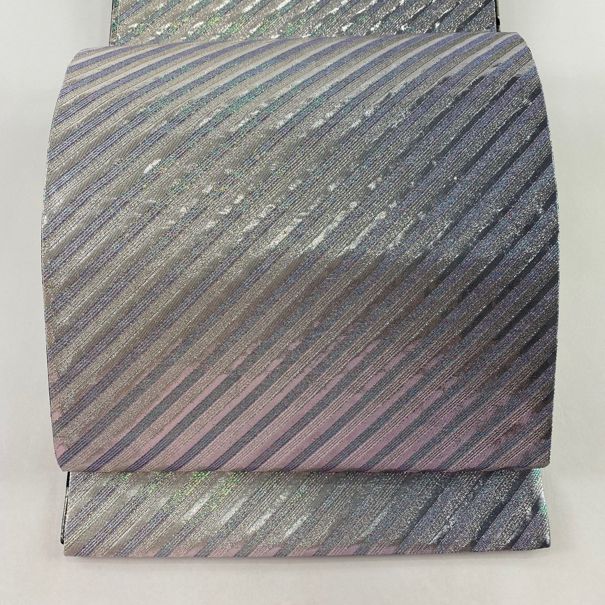 袋帯 美品 秀品 斜縞 銀糸 箔 銀色 全通 正絹 【中古】