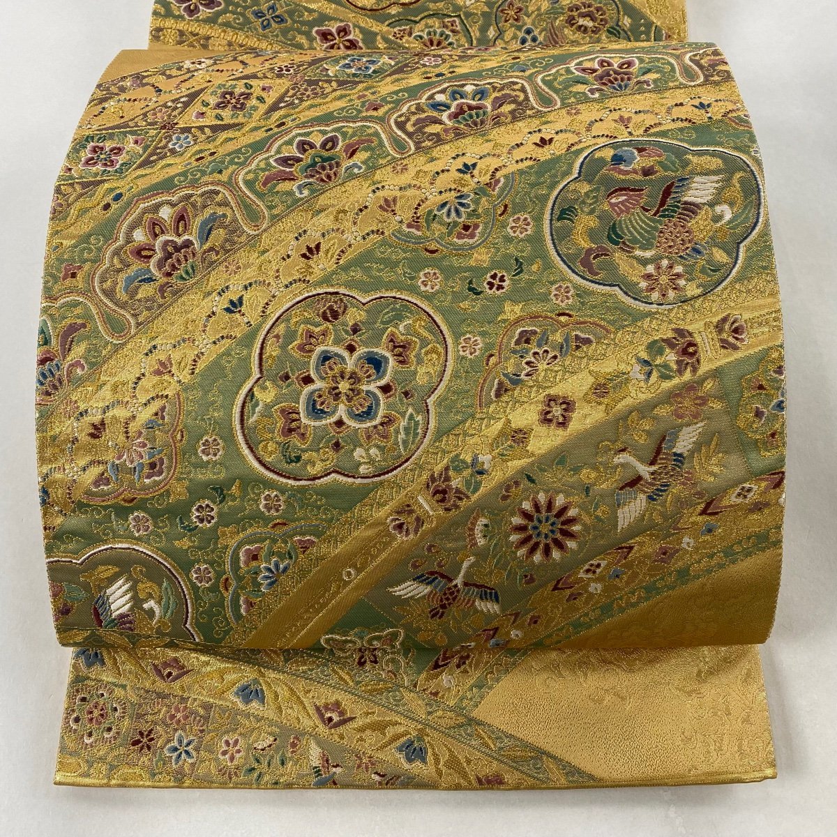 袋帯 美品 秀品 証紙 草花 鳥 箔 金糸 金色 六通 正絹 【中古】