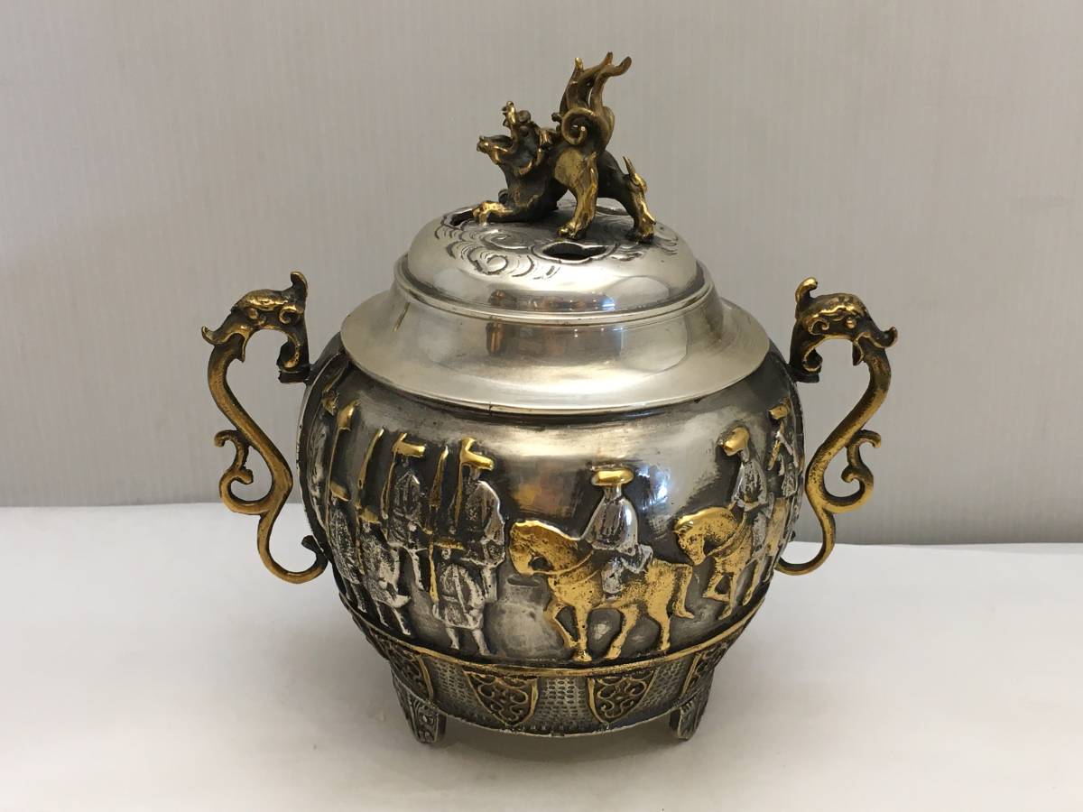 □金属製 香炉 ① 正之作 高さ約16.5cm 三足 獅子 龍双耳 群像 詳細