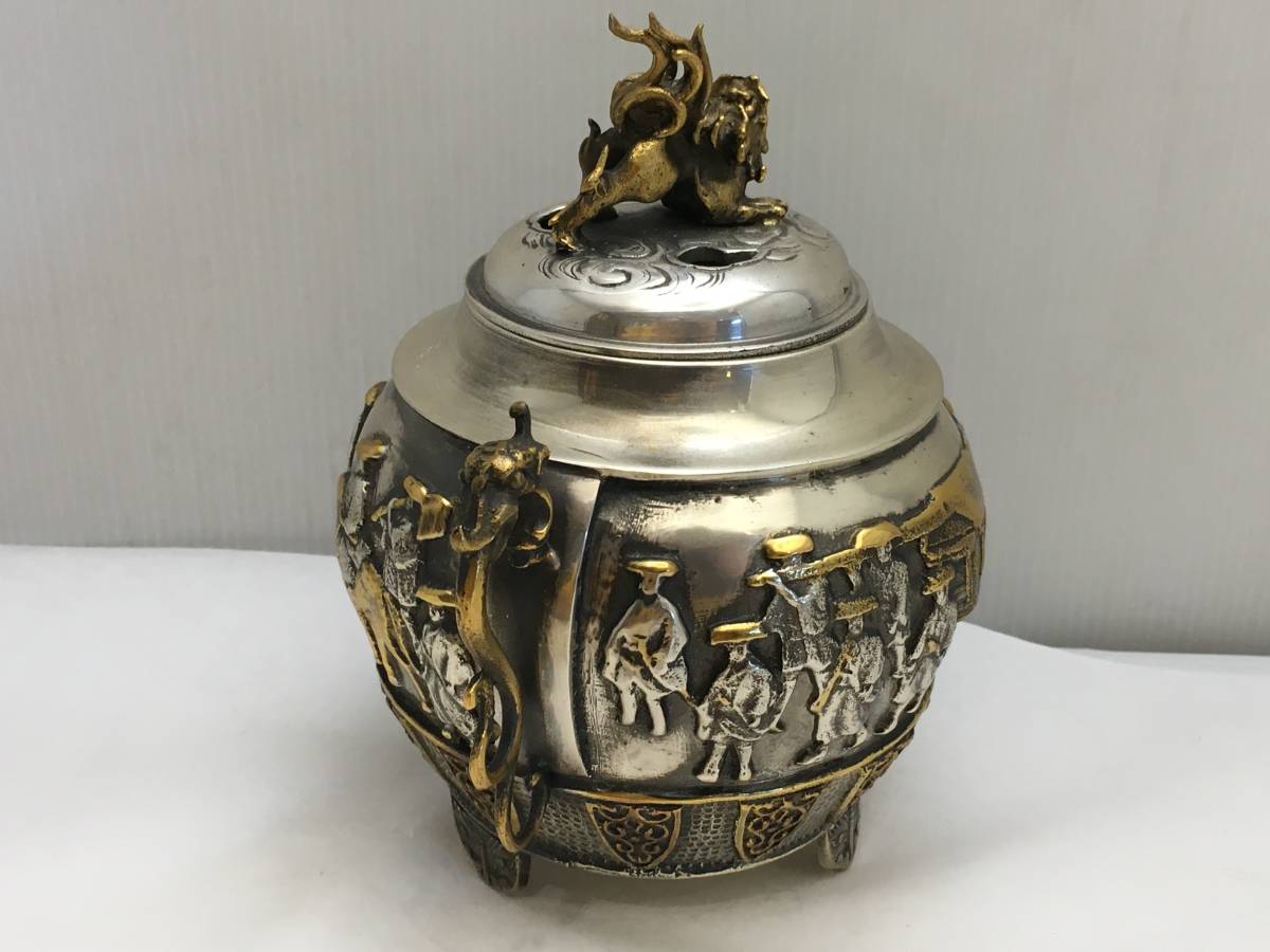 □金属製 香炉 ① 正之作 高さ約16.5cm 三足 獅子 龍双耳 群像 詳細