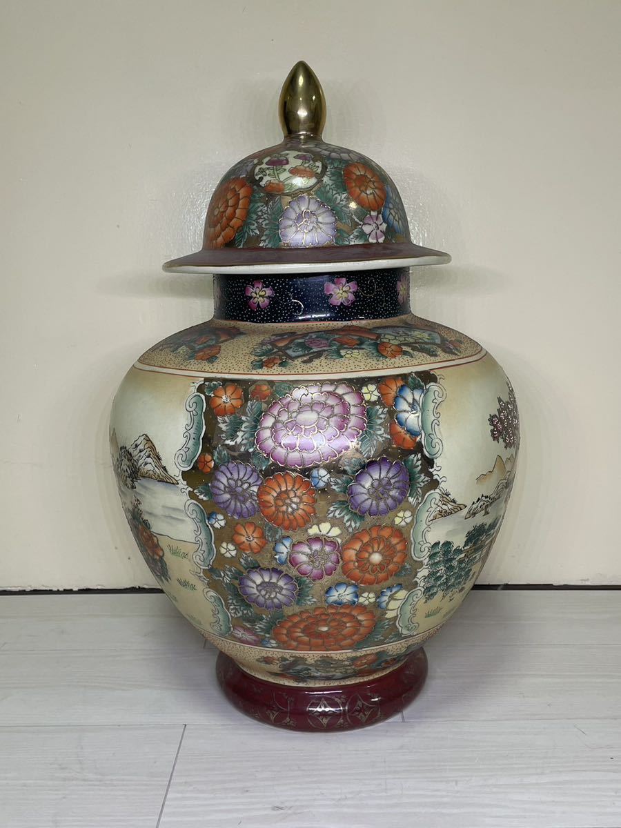 薩摩焼 沈香壺 特大花瓶 高さ約58cm金彩色絵 古美術品 飾壺 大壷 金襴