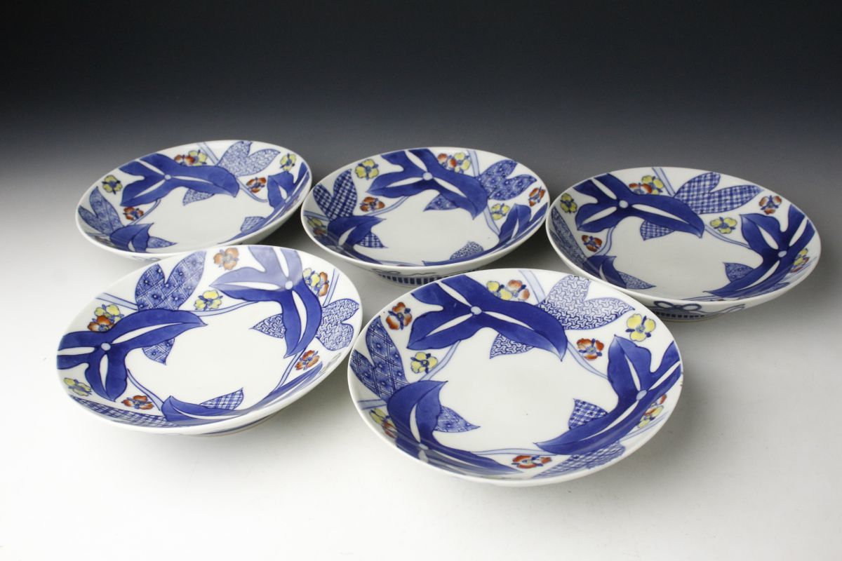 LIG】鍋島焼 色鍋島 草花文小皿 五客揃 時代箱 古美術品 旧家蔵出品