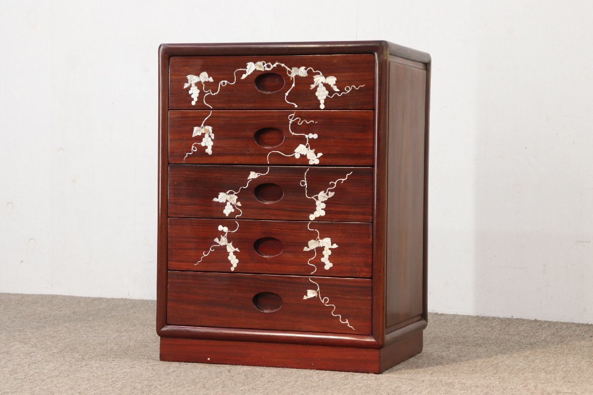 アウトレット 螺鈿家具 螺鈿細工 唐木 花梨 葡萄柄 木製 2段 ミニ箪笥
