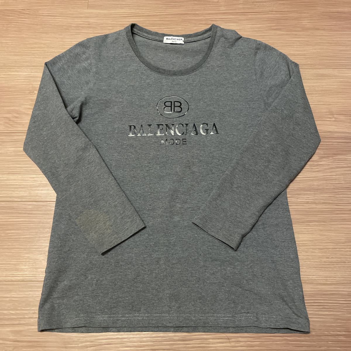 S-M】BALENCIAGA BBロゴプリント長袖Tシャツ グレー バレンシアガ 良 