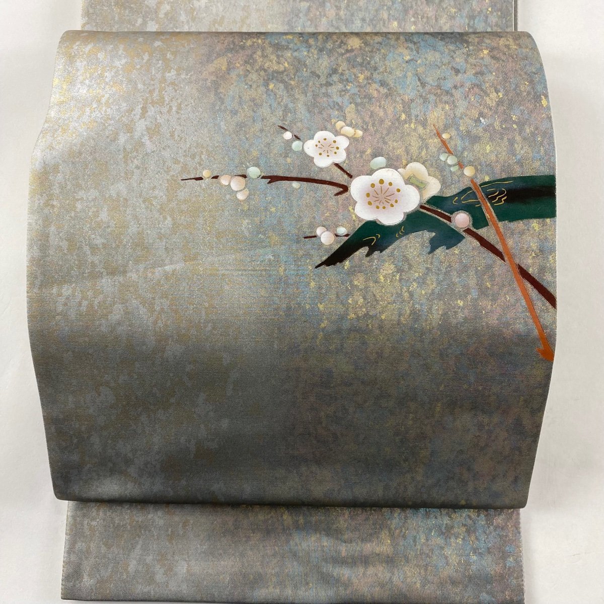 袋帯 美品 秀品 落款 枝梅 金彩 箔 灰色 お太鼓柄 正絹 【中古】