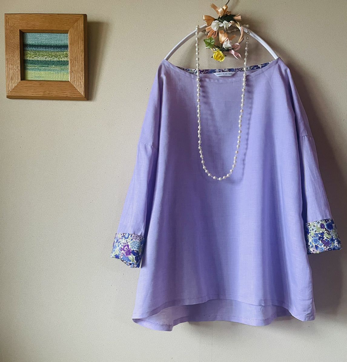 ★handmade：コットンリネン薄ラベンダー袖口Liberty（リバティ）ゆったりトップス：M~LL★