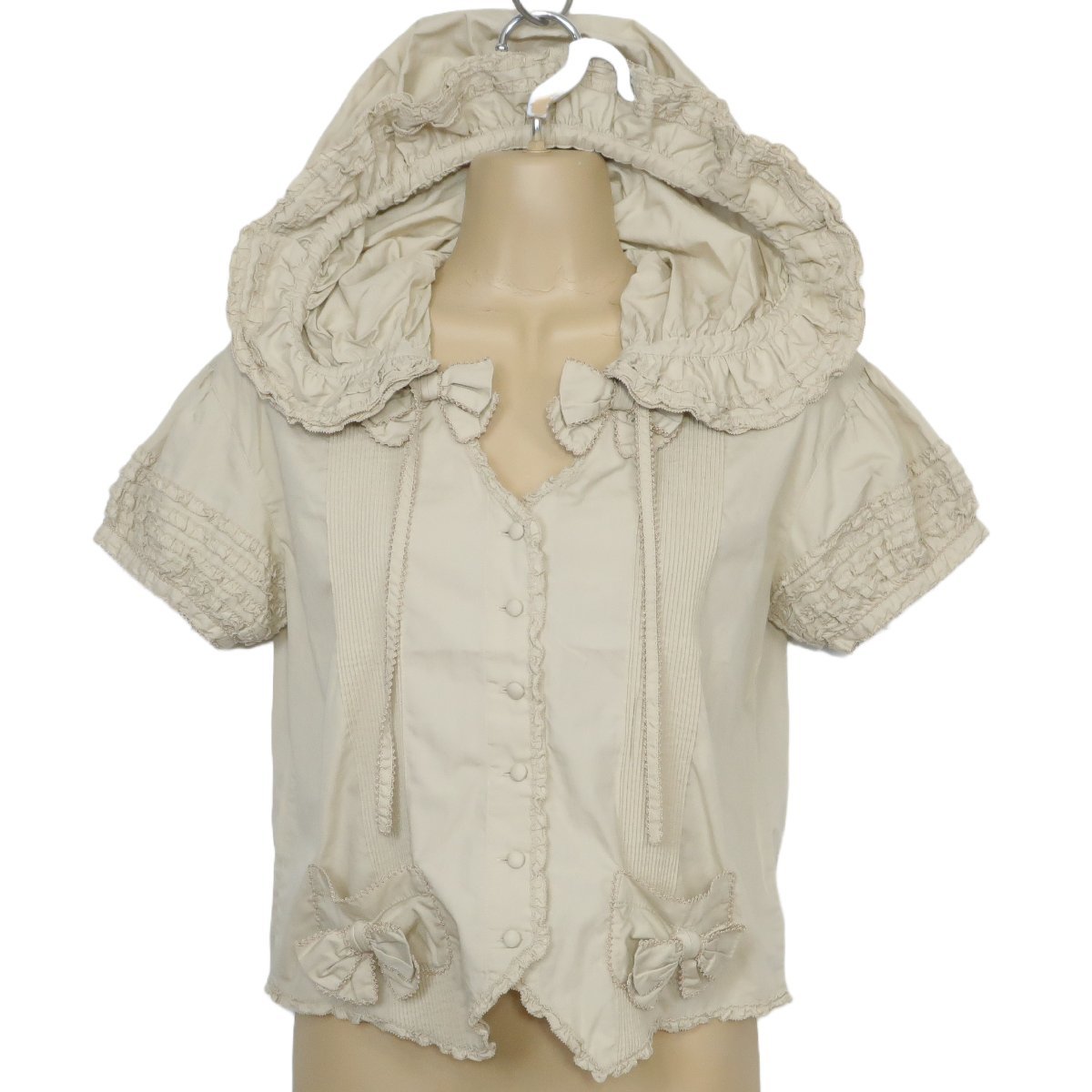 【美品】カネコイサオ★ブラウス 半袖 フーディ ピンタック リボン ピコレース ピコフリル ヴィンテージ！濃いベージュ系 z3625