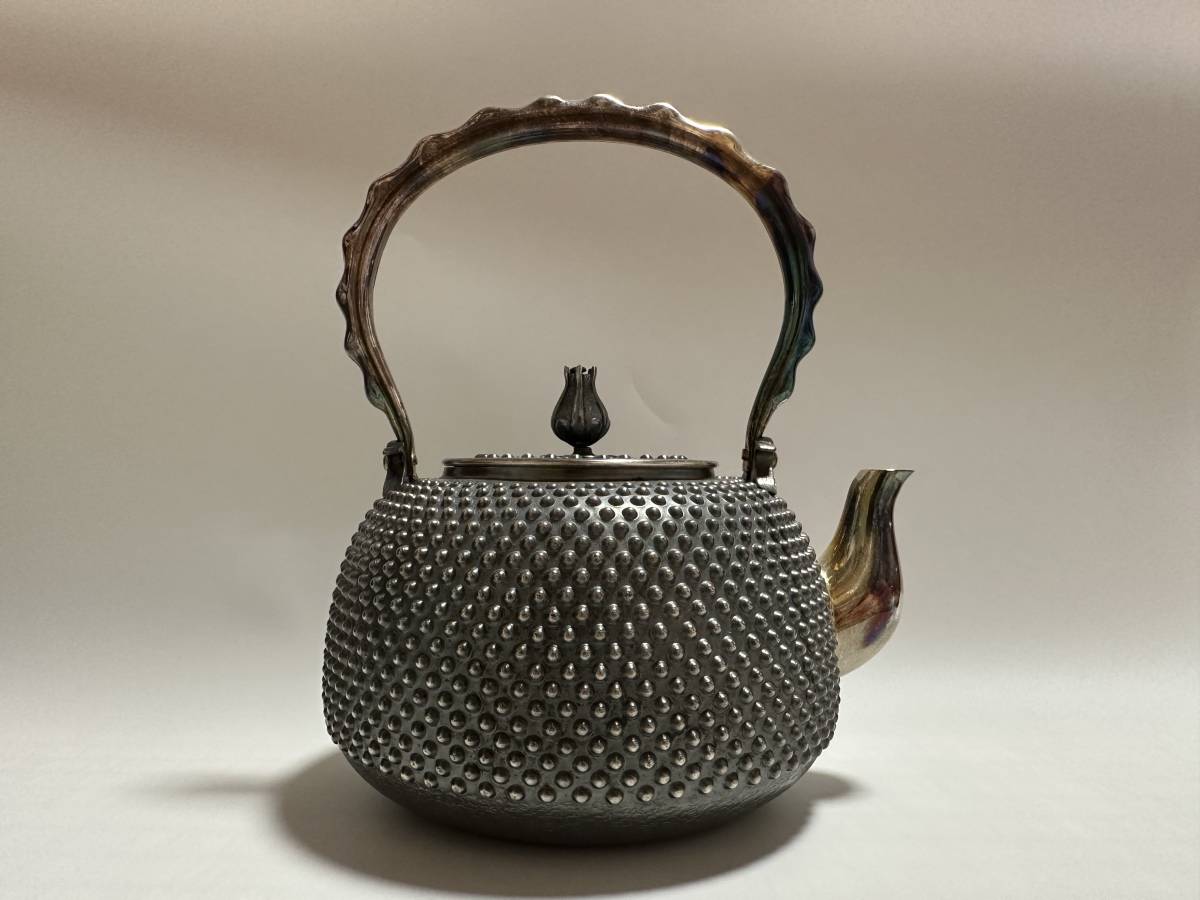 純銀製 四面饕餮文様彫刻 銀瓶 湯沸 煎茶道具 古美術 約622g 純銀製