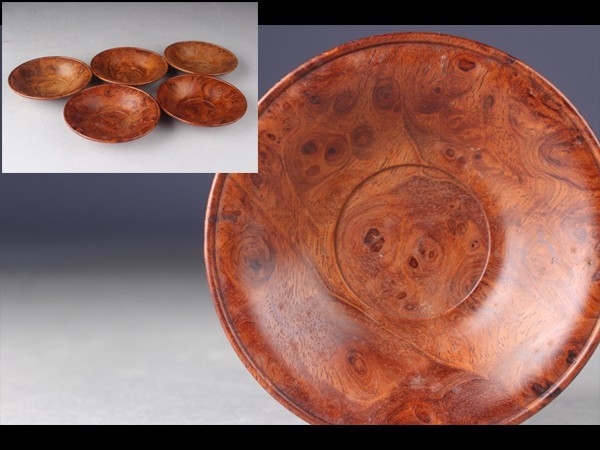 西】Za415 煎茶道具 玉杢造 茶托 5客 茶托 工芸品 煎茶道具 古