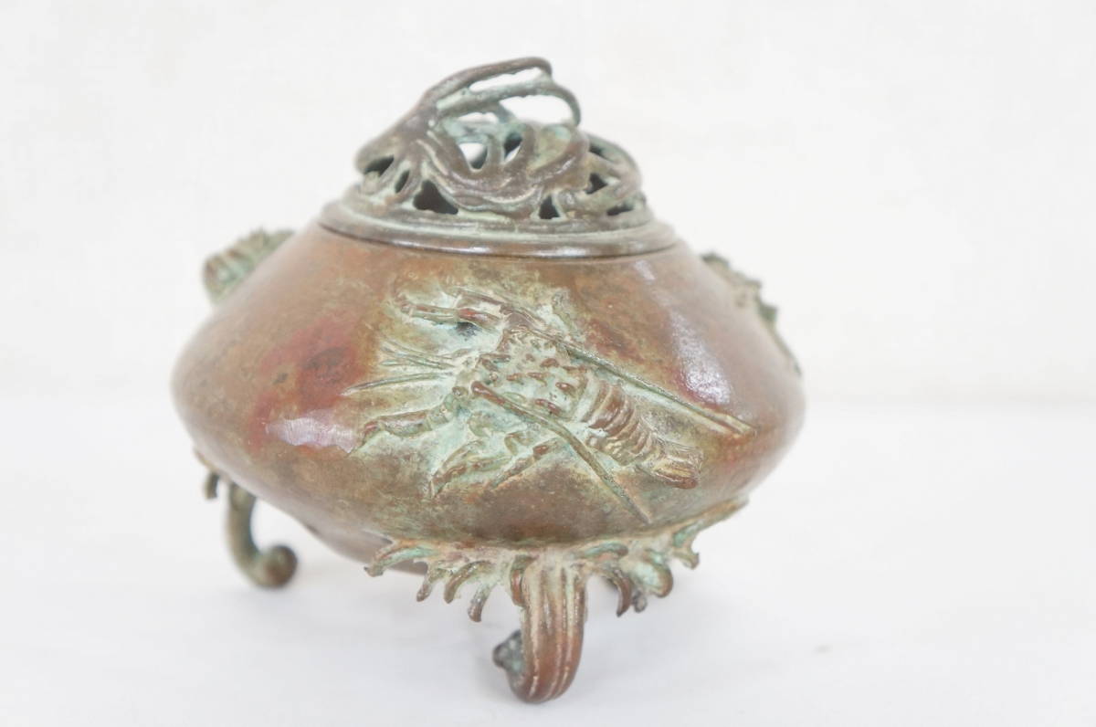 ① 須賀月貞 蝋型鋳銅 蝦 えび 総重量:約631.2g 三足 香炉 共箱 金属  