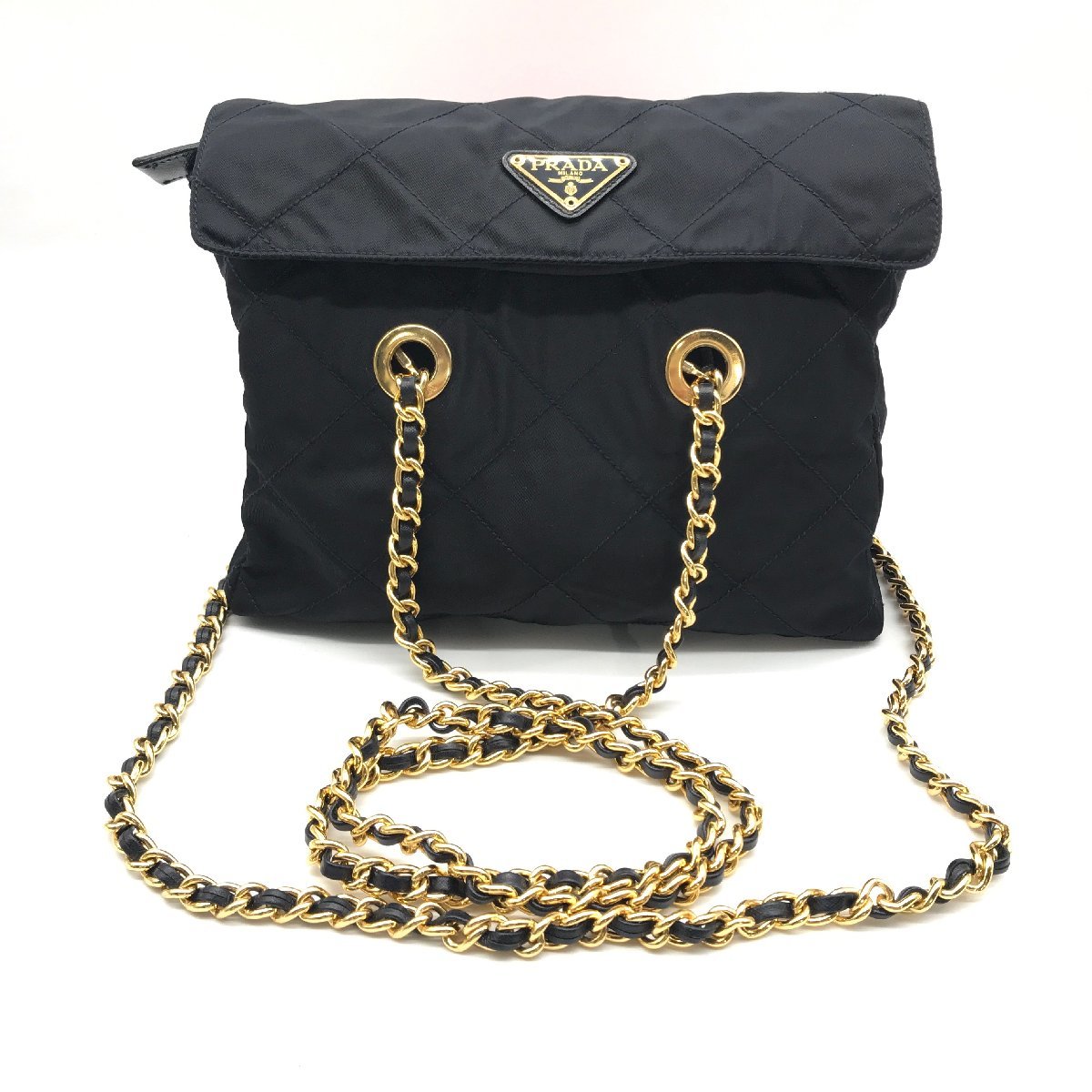 1円 良品 PRADA プラダ ナイロン ロゴ プレート チェーン トート