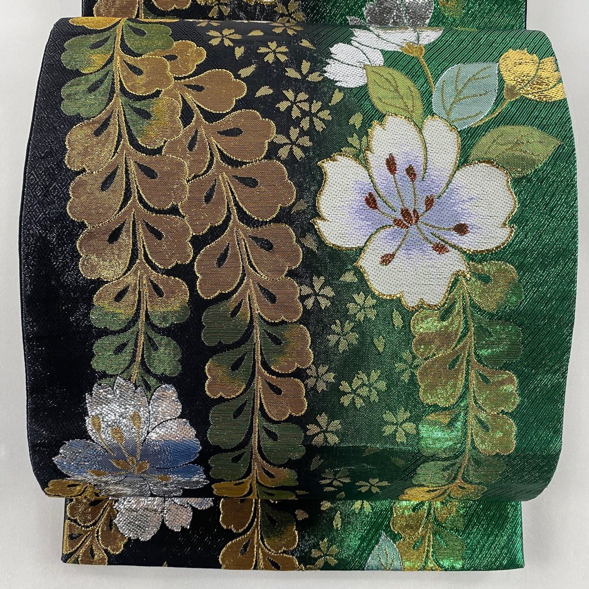 袋帯 美品 秀品 丸文 草花 刺繍 箔 緑 六通 正絹 【中古】