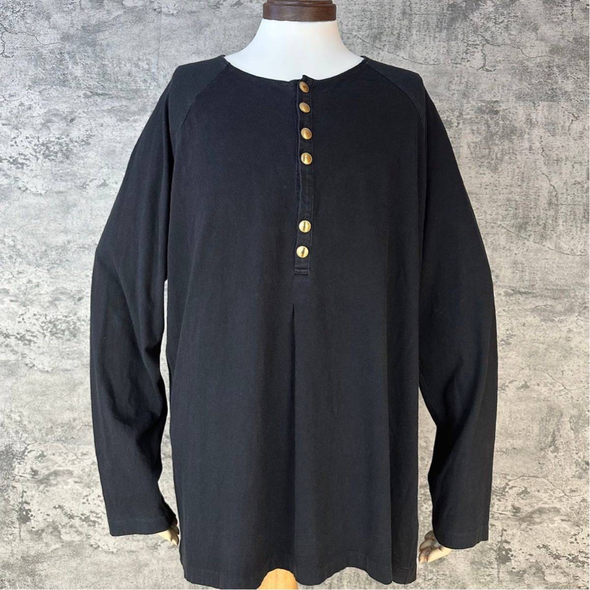 ヨウジヤマモト グランパシャツ スリーピングシャツ ヘンリーネック 金ボタン ブラック カットソー 長袖シャツ ロンT