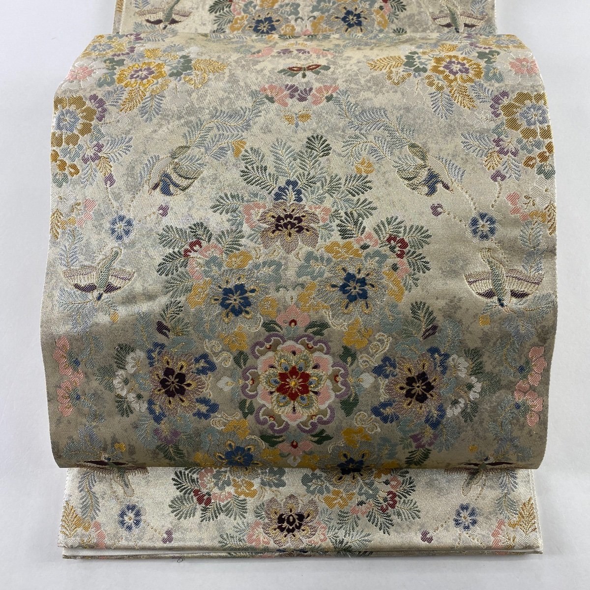 袋帯 美品 秀品 彩華典麗文 鳥 箔 金糸 銀色 六通 正絹 【中古