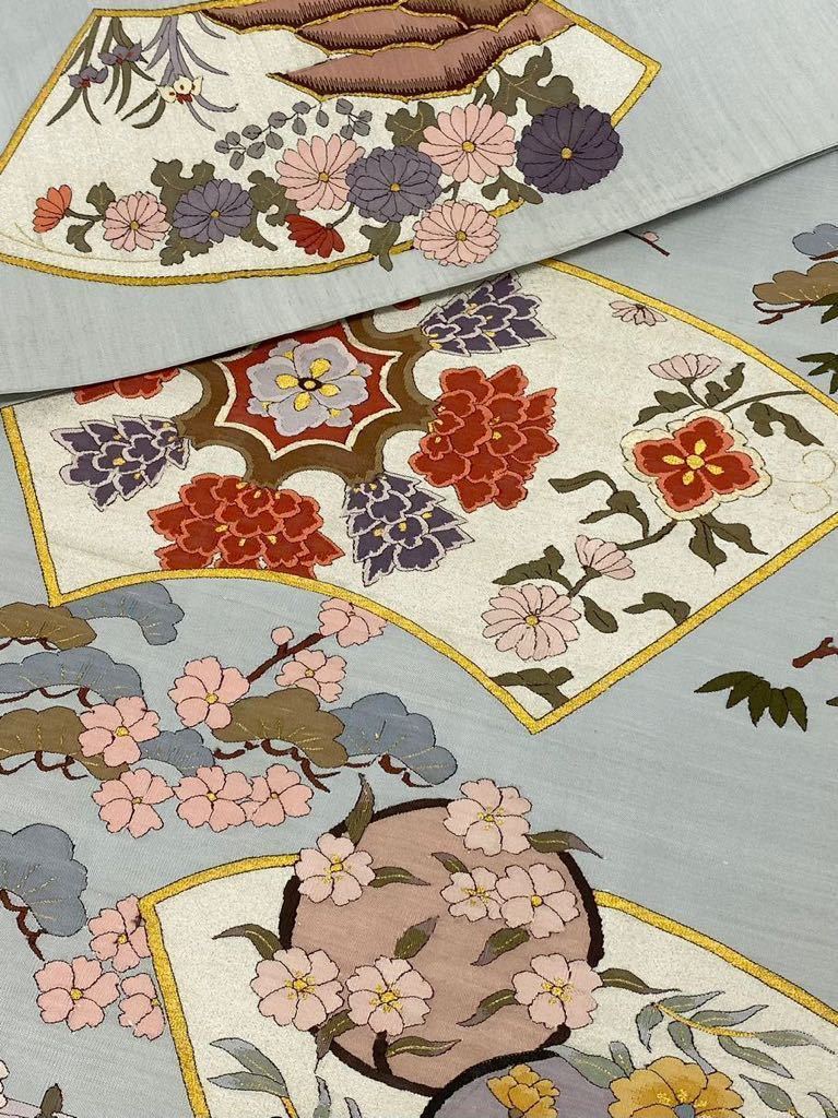 明綴れ 袋帯 反物 未仕立て品 笹 花文様 正絹 金糸 銀糸 手織り お太鼓