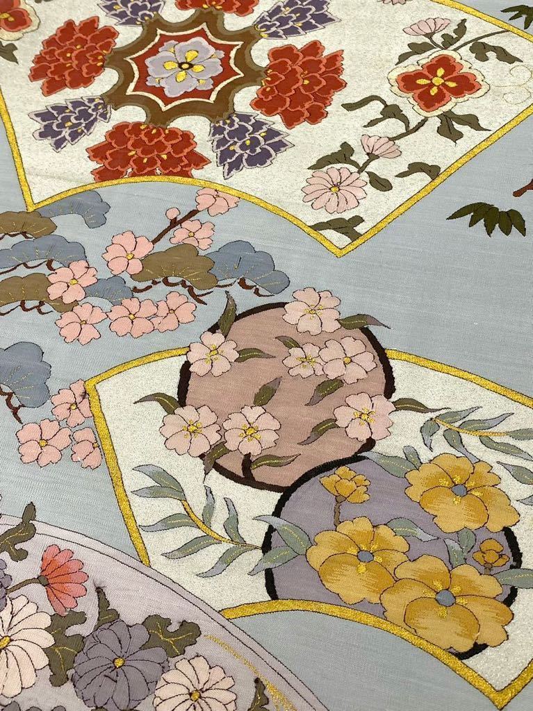 明綴れ 袋帯 反物 未仕立て品 笹 花文様 正絹 金糸 銀糸 手織り お太鼓 