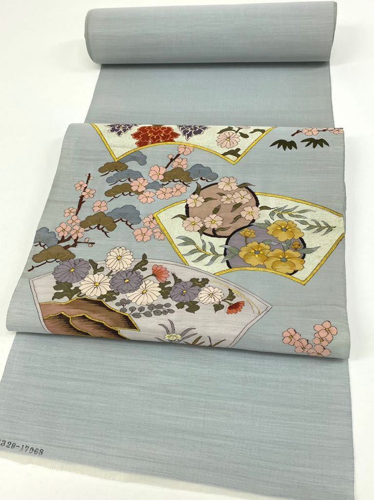 明綴れ 袋帯 反物 未仕立て品 笹 花文様 正絹 金糸 銀糸 手織り お太鼓 
