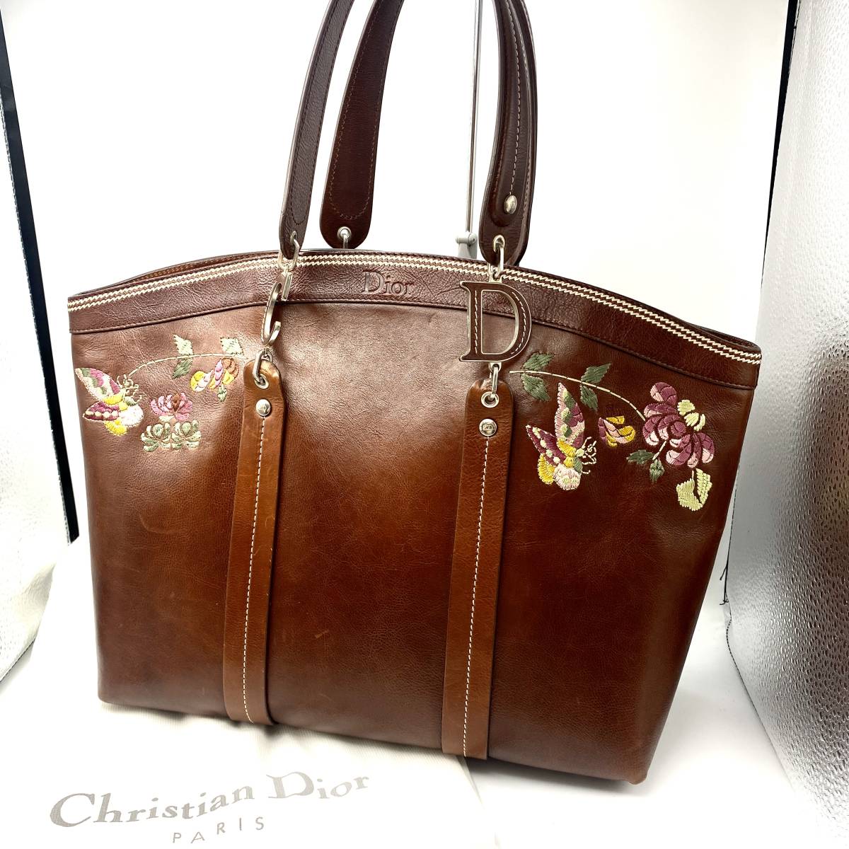 AY0204■Christian Dior クリスチャン ディオール Bag バッグ 鞄 トートバッグ 刺繍 レザー ブラウン レディース ブランド 中古