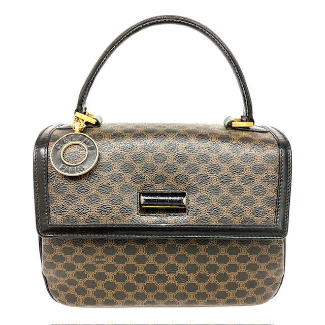 仙102 CELINE ハンドバッグ マカダム ターンロック ボックスカーフ フォーマルバッグ セリーヌ レザー PVC ブラック サークルチャーム付き