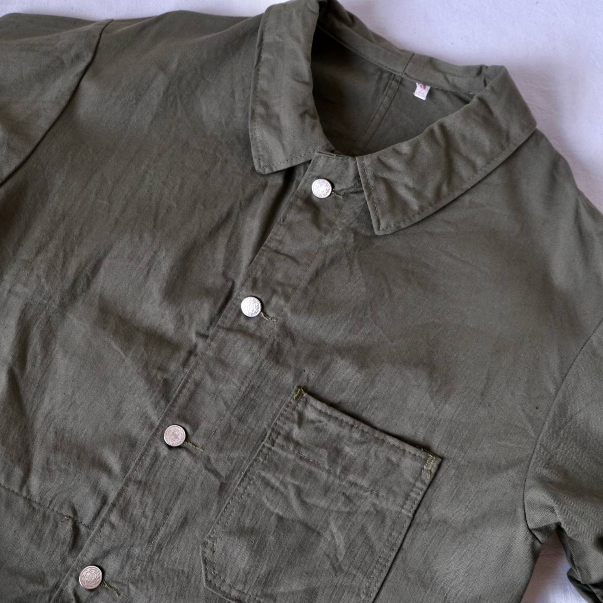 デッドストック【 フランス ビンテージ 】コットン HBT カバーオール ジャケット / オリーブ系 / 48 / ヨーロッパ ワーク