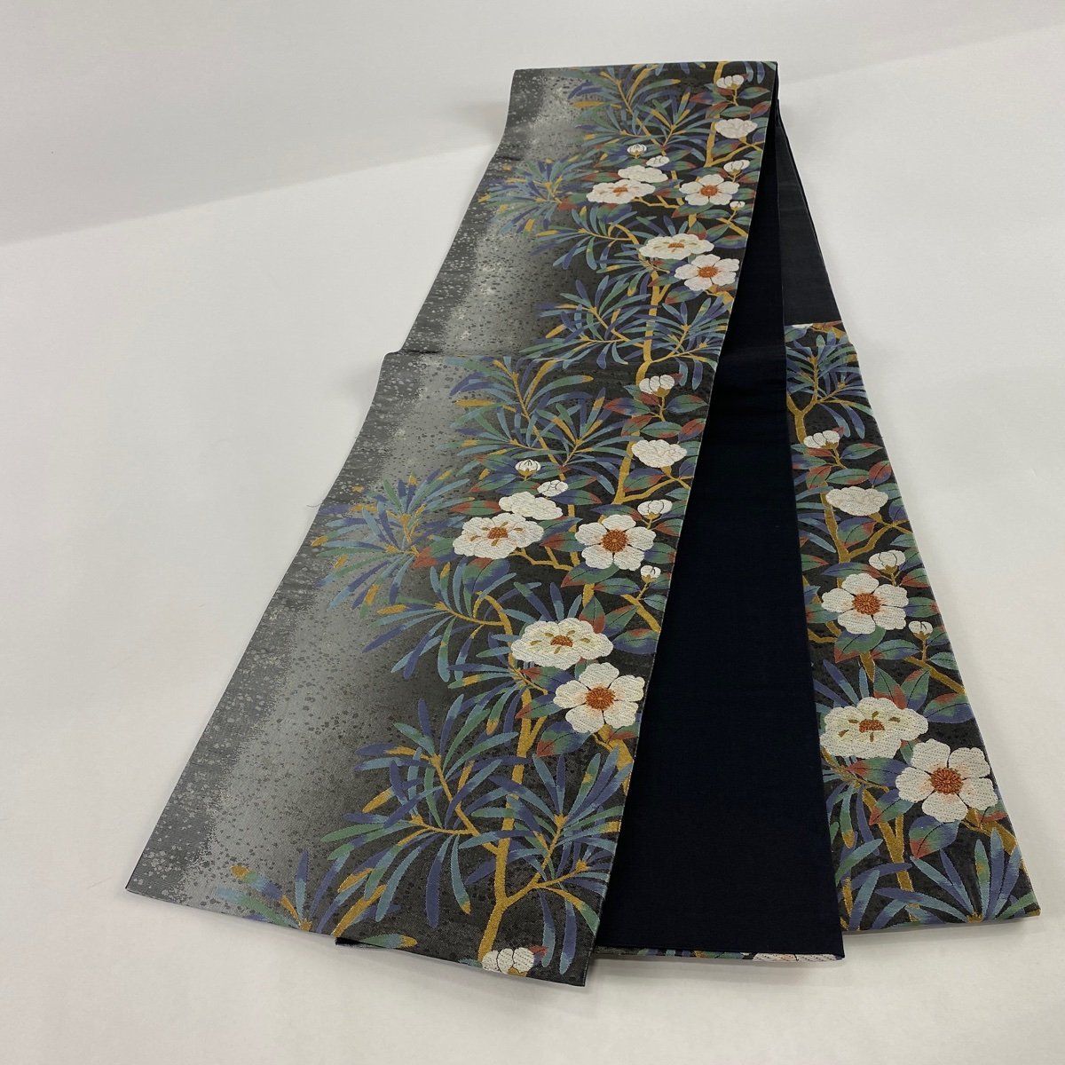 袋帯 秀品 枝花 箔 唐織 灰色 六通 正絹 【中古】 袋帯 秀品 六
