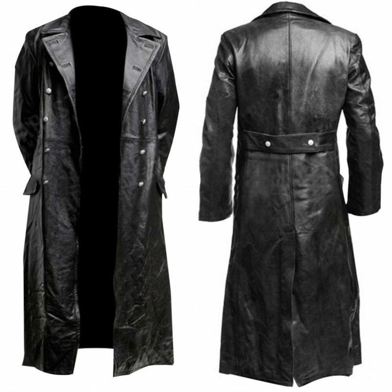 メンズ ドイツ 古典的 WW2 軍服役員 黒 リアルレザー トレンチコート