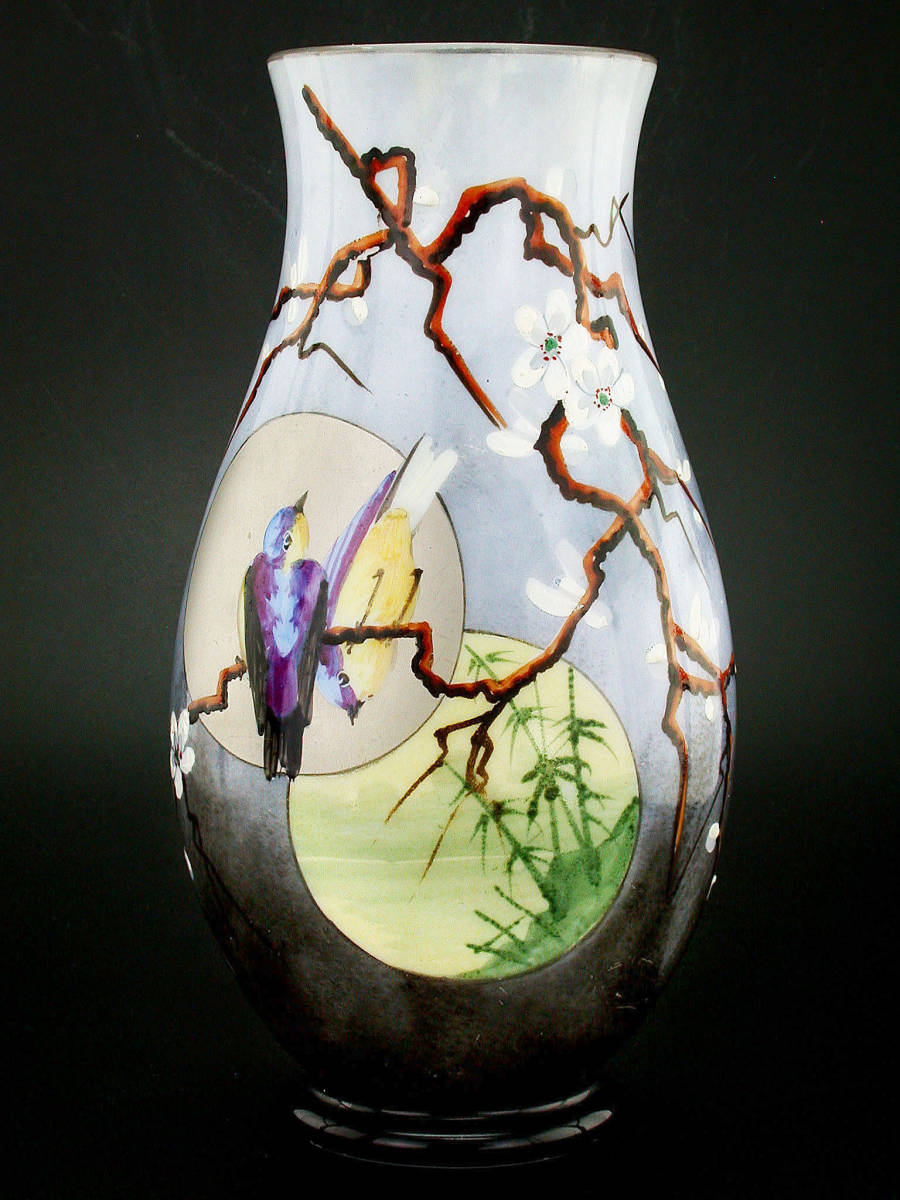 オールド・バカラ レア 淡黄色 オパーリンクリスタル製手彩色日本趣味花鳥図飾壷 アンティーク バカラ・オパーリンクリスタル製手彩色日本趣味花鳥図飾