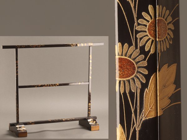流】時代漆器 蒔絵 布掛 手拭掛 KQ799◎ 時代□火鉢 蒔絵師 高台