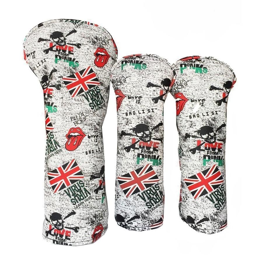 高級pu革ドライバー/ウッド用 FW ヘッドカバー3点セットスカル×England国旗刺繍入防水仕様変換ダグ付き　赤