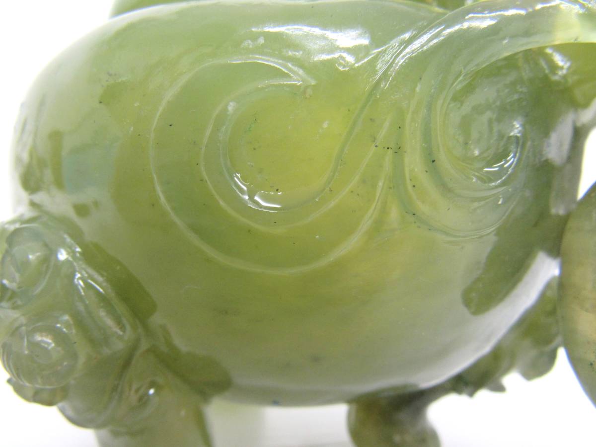 竜神香炉 1067g 龍文 香炉 翡翠 玉石 置物 両手 蓋付 彫刻 三つ足 