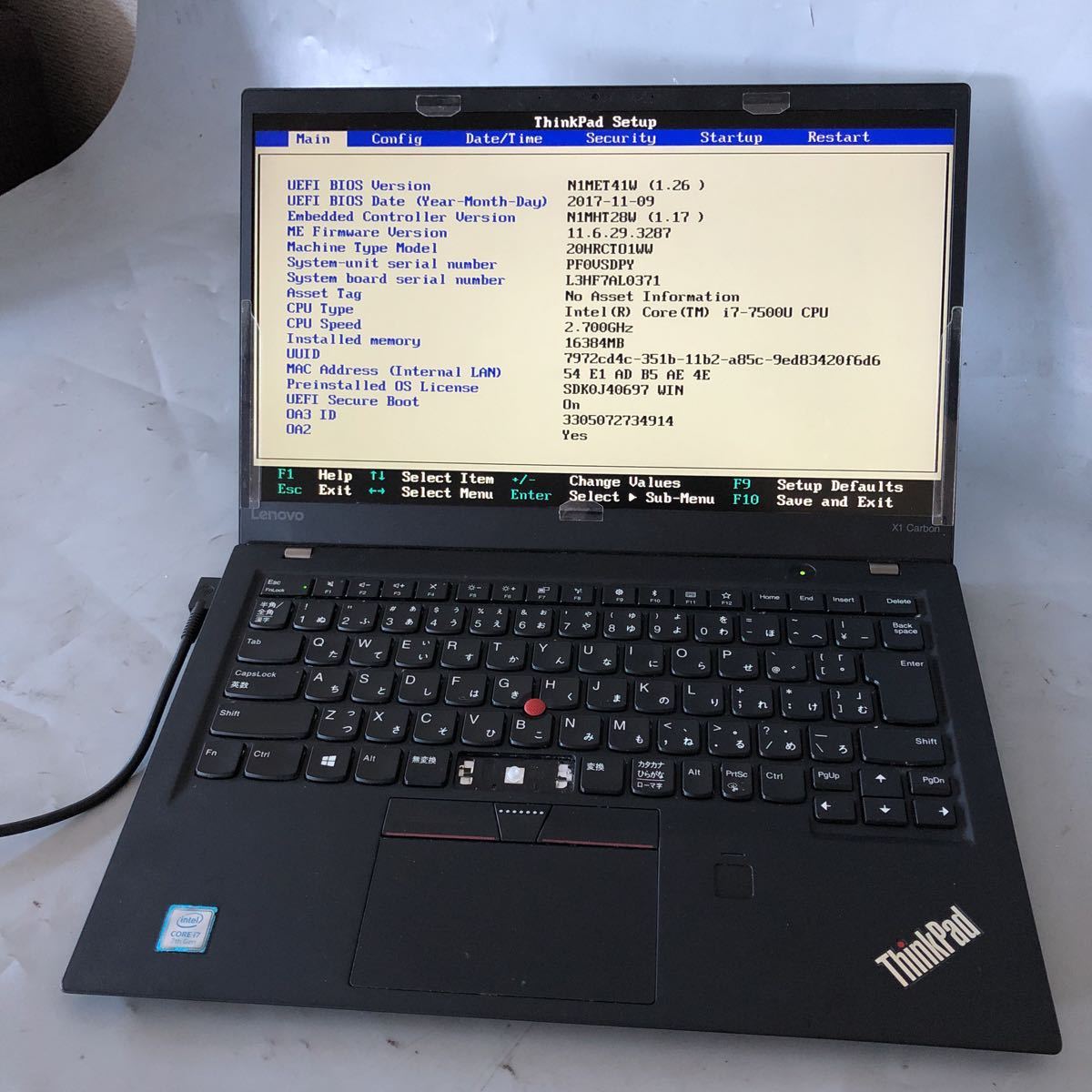 LENOVO THINKPAD [ジャンク品] JXJK3680 【ジャンク】Lenovo ThinkPad X1 Carbon /Core i7-7500U 2.70