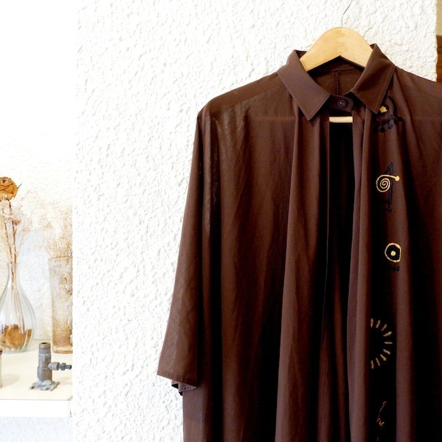 レディース9号 トクコプルミエヴォル 刺繍 シフォン ロング シャツカーディガン 羽織 ダークブラウン