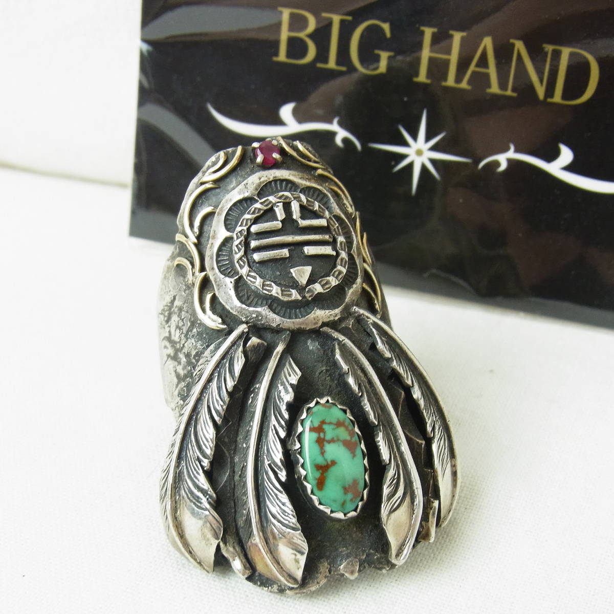 約30号 【ギャランティー・18Kイーグル付】 BIG HAND ビッグハンド リング ルビー ターコイズ サンフェイスメタル