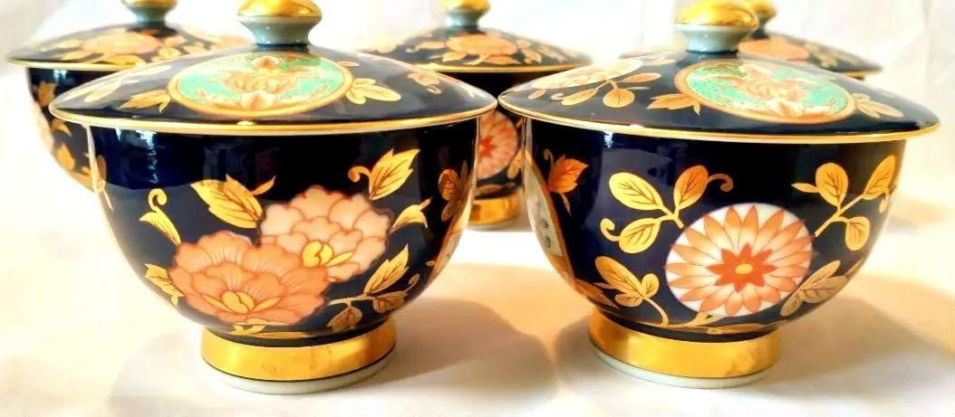 有田焼 フタ付き茶碗 5客セット 清右エ門作 金彩 古伊万里 木