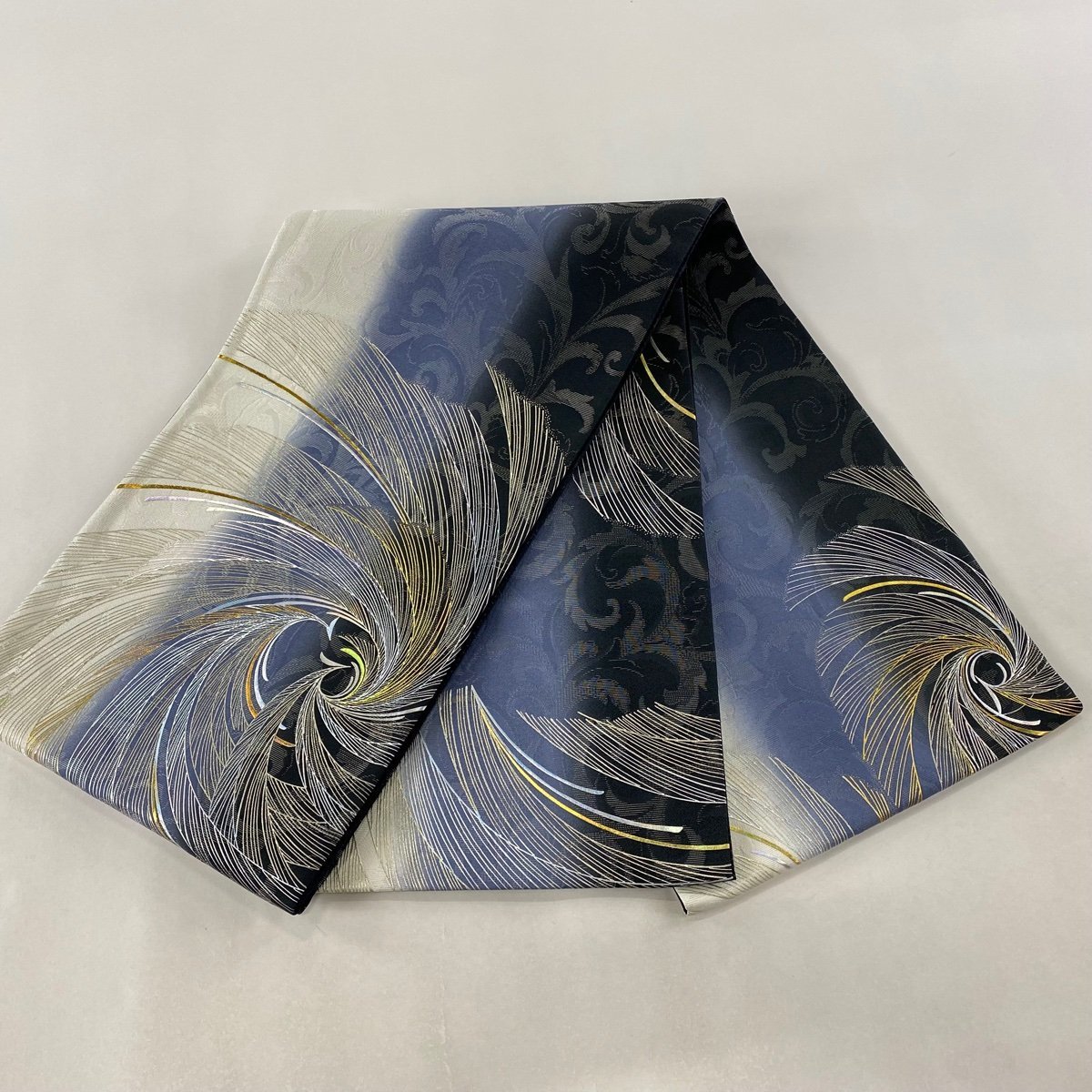 正絹 ぶどう柄袋帯 袋帯 美品 名品 葉柄 唐草 金銀彩 銀糸 灰紫 お太鼓柄 正絹 【中古】 袋帯