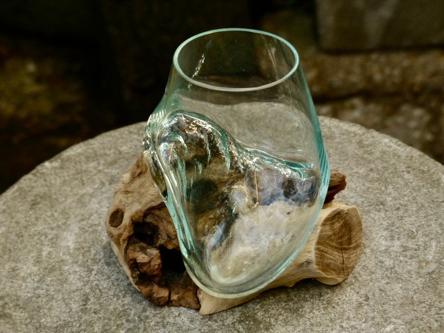 吹きガラスの花瓶+流木台座 15cm アクアリウム水槽 テラリウム ガラス