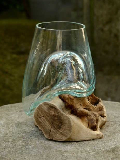 吹きガラスの花瓶+流木台座 15cm アクアリウム水槽 テラリウム ガラス