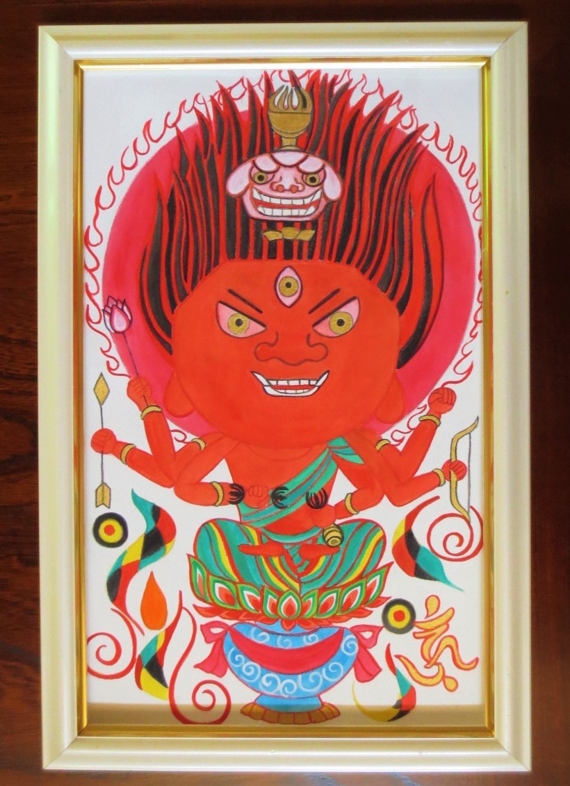 絵画 アクリル画 愛染明王 額付き530×350センチ 愛染明王像 仏画 ｜