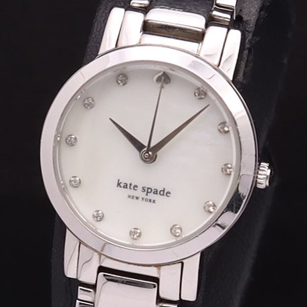 1円 稼働 良品 ケイトスペード QZ 0146 石付 ラウンド ホワイトシェル文字盤 レディース腕時計 NBY0826 8717000YSD