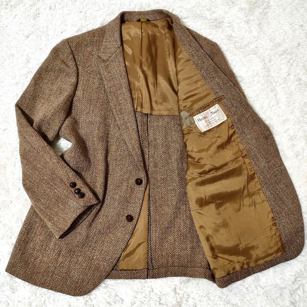 美品■ハリスツイード Harris Tweed テーラードジャケット 胡桃ボタン くるみ釦 ヘリンボーン ウール100％ 羊毛 ブラウン Lサイズ相当
